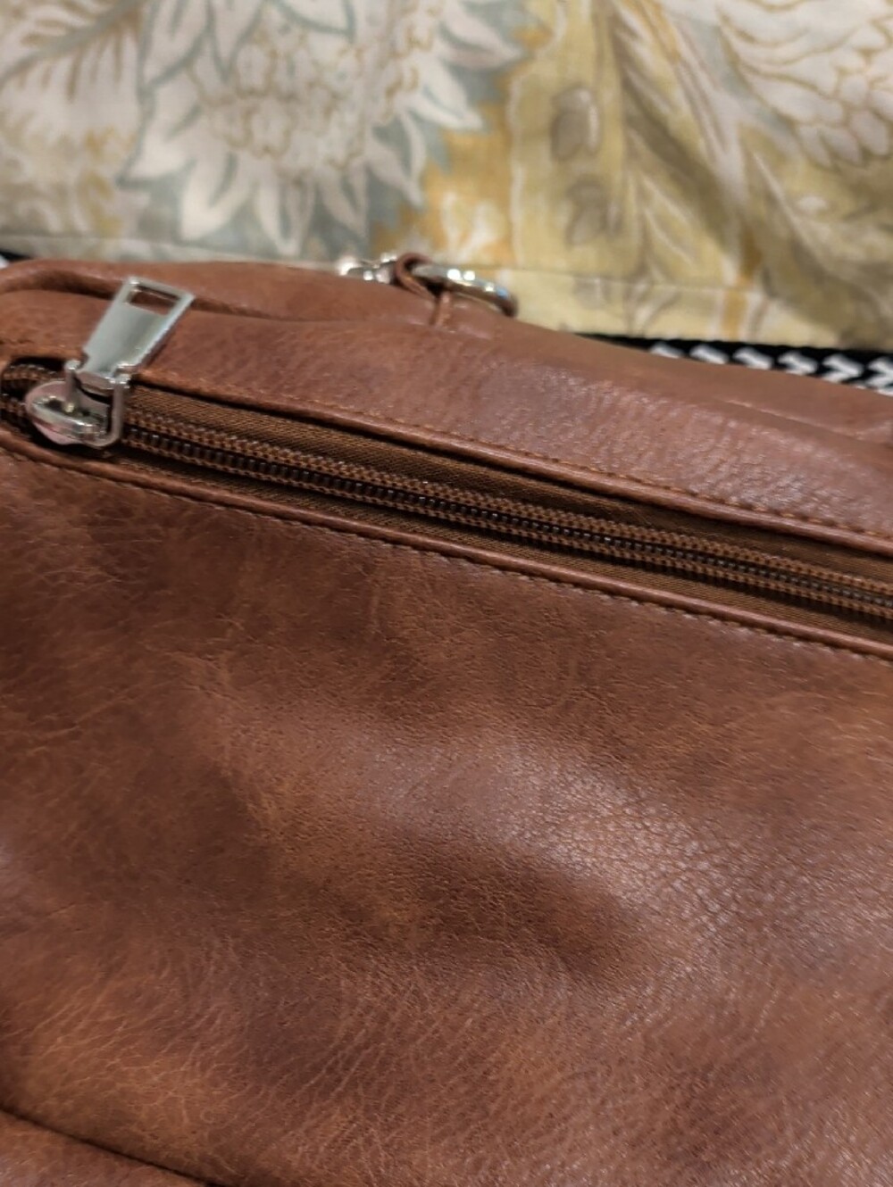 Brown Faux Leather Crossbody Bag with Patterned Adjustable Strap - Picture 5 of 14